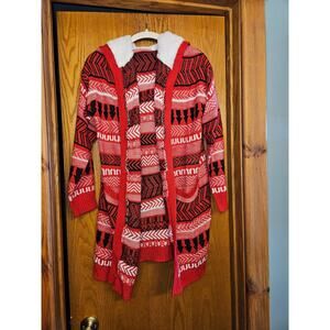 Women's Long Red Cardigan with Fuzzy Hood Size Large